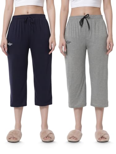Image of Fflirtygo Women's Cotton Plain Calf Length Capri | Nightwear Short Pyjama | 3 /4th Solid Pyjama Pant | Regular Fit Casual & Lounge Wear Capri Combo (Pack of 2)