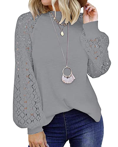 WNEEDU T-Shirt à Manches Longues pour Femme Hauts décontractés en Dentelle Tricot gaufré Chemisiers pour Femme Gris Clair L Cover