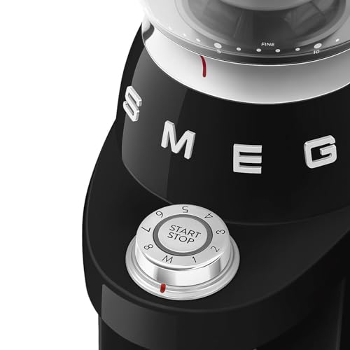 Image of SMEG CGF03 Burr Coffee Grinder, Electric Conical Burr Grinder with 15 Grind Settings, 8 Presets, 240g Bean Hopper, Espresso, Moka & Drip Coffee Grinder, 50's Retro Style (Black)