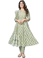 Vbuyz Women's Plus Size Cotton Printed & Handwork Anarkali Pista Green Kurta Pant with Dupatta (VF-KU-947-SKD-38)