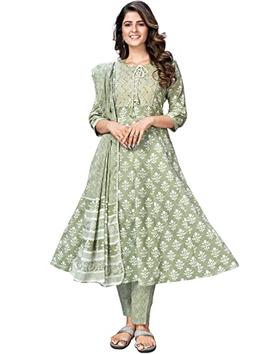 Image of Vbuyz Women's Printed & Handwork Anarkali Cotton Kurta with Pant & Dupatta | Kurta Set For Women | Suit Set For Women | Kurti Dress Set | Cotton Fabric Set