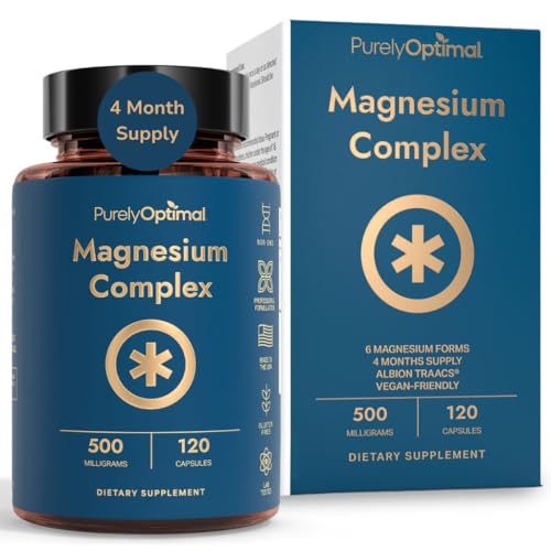 Purely Optimal Magnesium Complex - 6 Forms Magnesium Glycinate, Citrate & Malate - Sleep Support, Stress Relief, Muscles, Heart Health & Relaxation - Magnesium Supplement for Women & Men, 120 Caps