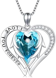 AOBOCO Heart Necklace Birthday Gifts for Women Wife 925 Sterling Silver with Crystal Angel Wing Pendant Romantic Girlfriend Presents for Her