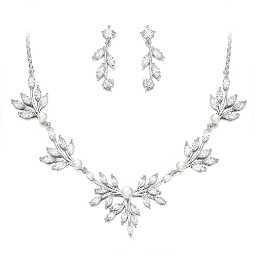 Image of EVER FAITH Wedding Cubic Zirconia Jewelry Set for Women, Marquise White Simulated Pearl Floral Vine Bridal Prom Necklace Earrings for Bride