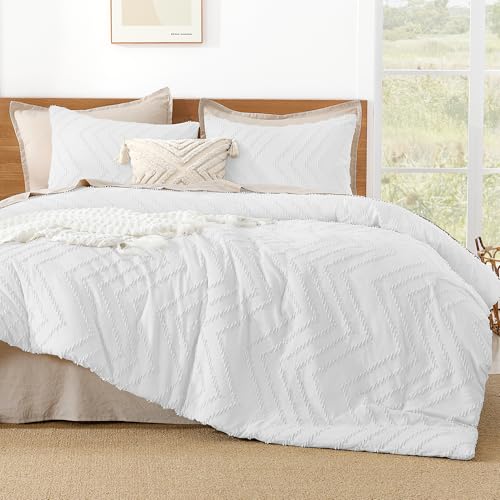 Image of Litanika Boho Queen Comforter Set, 3 Pcs White Lightweight Bedding Set