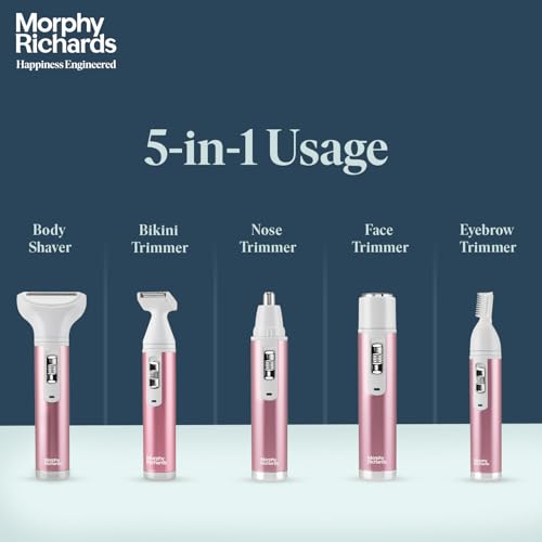 Image of Morphy Richards iDazzle 5-in-1 Female Grooming Kit | All-in-one female body trimmer | No Nicks & Cuts | Full body, Bikini, Face, Underarms & Eyebrow | Hair Removal | 40 minutes power backup | Detachable and washable blades | Suitable for sensitive skin types | Painless | Pink