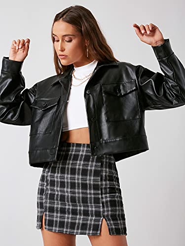 Makemechic Women's Faux Pu Leather Jacket Long Sleeve Button Down Cropped Outerwear Coat Black M #TOP3