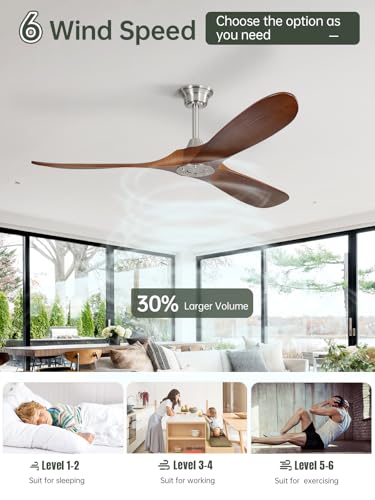 Image of Sofucor 60 Inch Wood Ceiling Fan No Light with Remote, Modern, 3 Blades | Without Light, Quiet Reversible DC Motor, 6 Speeds, Indoor /Covered Outdoor /Bedroom /Living Room /Patio, Sandy Nickel+Brown