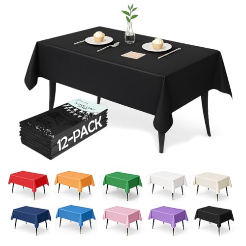 Craft And Party 12-Pack Black Plastic Tablecloths – 54 x 108 Inch Disposable Table Covers for Rectangle Tables, Heavy Duty & Waterproof for Parties, Events, Banquets, Black