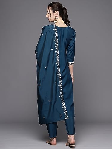 Image of INDO ERA Women's Green Poly Silk Embroidered Straight Kurta & Pant with Dupatta Set (KH9GN7223)