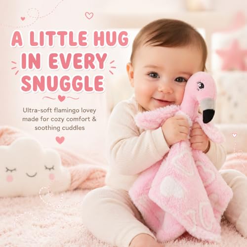 Image of June Garden Cozy Dream Fleece Baby Security Blanket - Infants Nursery Bed Blankets - 15 x 15 inches Lovey - Stuffed Flamingo Animal Plush - Pink