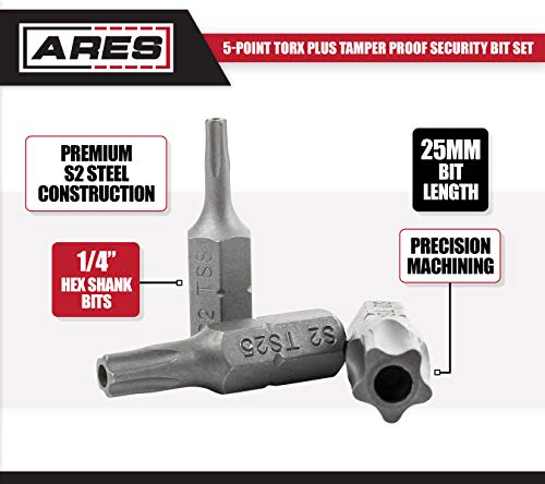 Ares 31004-10-Piece 5-Point Torx Plus Tamper Proof Security Bit Set - 25Mm Length S2 Steel Precision Machined Security Bits - Storage Rail Included #TOP3