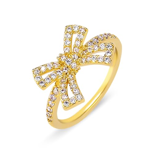 Gold Bow Ring for Women 14K Gold Plated Cubic Zirconia Bow Knot Ring Elegant Bowknot Statement Ring CZ Bow Tie Ring Ribbon Wedding Anniversary Engagement Party Trendy Jewelry Gift for Her, Size 9