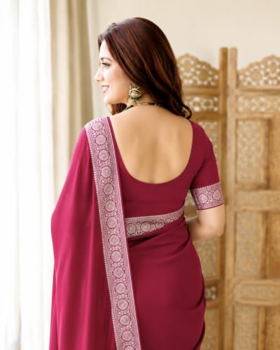 Image of Women's Glory Banarasi Satin Kanjivaram Saree Silver Zari Border Pure Soft Blend Silk Sari Kanchipuram Paithani Silk Party Wedding Festive New Ladies Sadi with Unstiched Blouse Piece. (Pink)