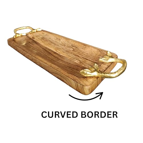 Image of Handcrafted Wooden Serving Tray with Gold Handles | Rustic Cheese Platter Board | Decorative Kitchen & Coffee Table Server | Wooden Snack Tray for Home & Gifting (Rassi Handle Tray)