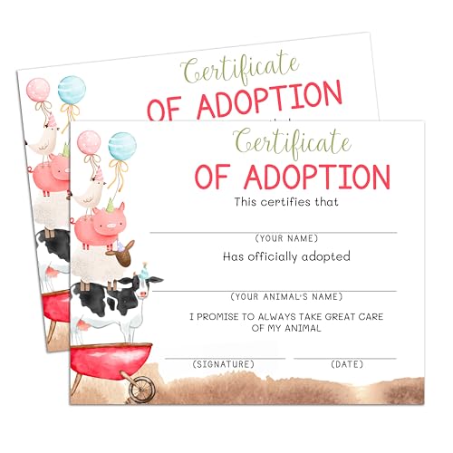 Farm Animals Adoption Certificate, Adopt an Animal Party Favor, Pet Certificates of Adoption, Adoption Party Decorations Farm Barnyard Birthday Favors Supplies, 20