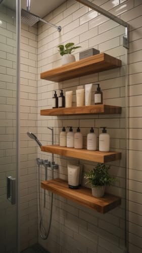 Image of Solid Wood Floating Wall Shelves Set of | Rustic Wooden Display Shelves for Living Room, Bedroom, Kitchen & Bathroom | Heavy Duty Wall Mounted Shelves (20 inches, 4 Shelves)