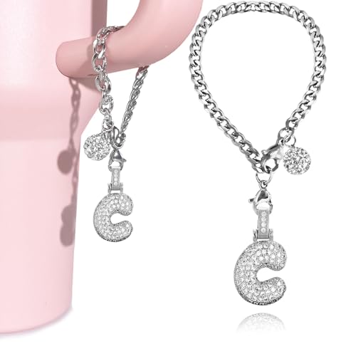 LUHOHI Silver Initial Charm for Stanley Cup- Bubble Letter Charms Accessories for Stanley handle 40 Oz Tumblers Cute Keychain with Diamond Glitter Jewelry Personalized Water Bottle Decorations C