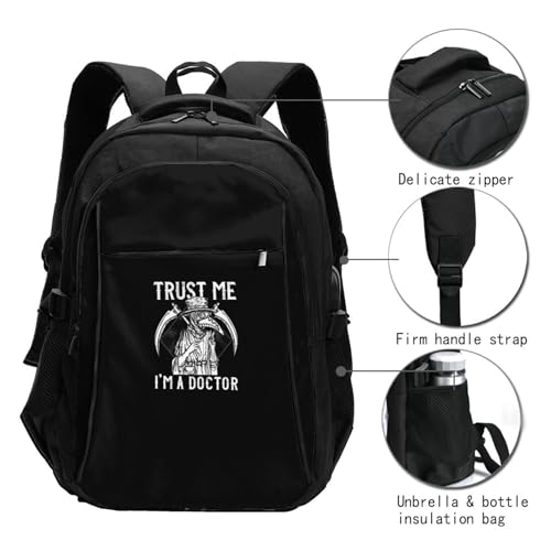 Trust Me I'm A Doctor I Medieval Plague Doctor Travel Backpack, Extra Large 50L Laptop Backpacks for Men Women, College Backpacks Work Bag with USB Charging Port Fits 17 Inch Computer, Black4