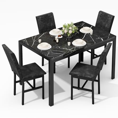 AWQM Products 5-Piece Marble Dining Set, Modern Kitchen Table and Chairs for Dining Room, Compact Space Saving Furniture, Dinette, 4 Upholstered Velvet Chairs - Black