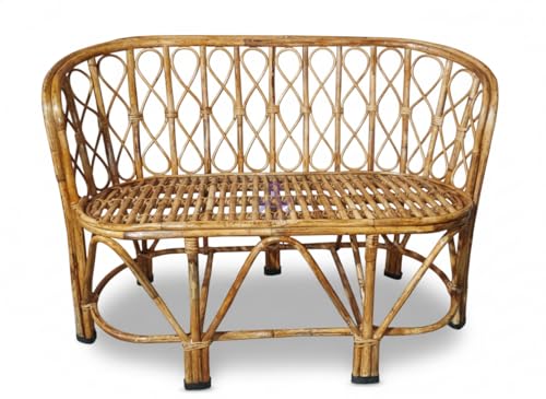 Image of Bamboo Cane Two-Seater Sofa with Cushions, Indoor Outdoor Furniture for Living Room, Balcony