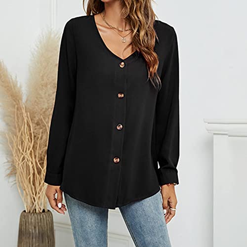 DGHM-JLMY Ladies Loose Solid V-Neck Shirt Single-Breasted Blouses Sweatshirts Tees Roll Up Sleeve Casual Button Down Shirts3