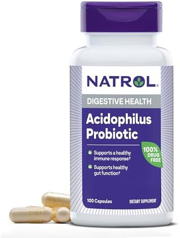 Natrol Acidophilus Probiotic 100 mg, Dietary Supplement for Healthy Gut Function, Digestive Health Capsules for Adults, 100 Capsules, Up to a 33 Day Supply