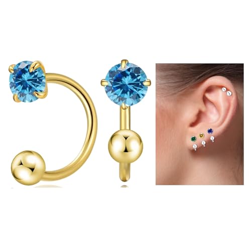 Winzige 3mm Birthstone Ohrringe für Frauen Teenager Mädchen kleine Huggie Hälfte Hoop winzige Knorpel hypoallergene Ohrstecker Schraube Ohrringe (Gold, 3-Aquamarin)