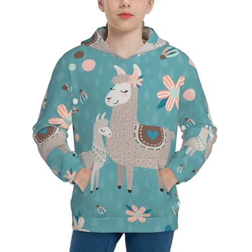 Teal Mama Llama Kids Pullover Hoodies Boys Sweatshirts Girls Athletic Clothes with Pocket