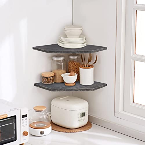 Homode Corner Shelf Wall Mount, Set Of 2 Corner Floating Shelves With Cord Hole For Tv, Cable Box, Wood Hanging Storage Shelf Organizer For Bathroom Kitchen Living Room Bedroom, Rustic Grey #TOP5
