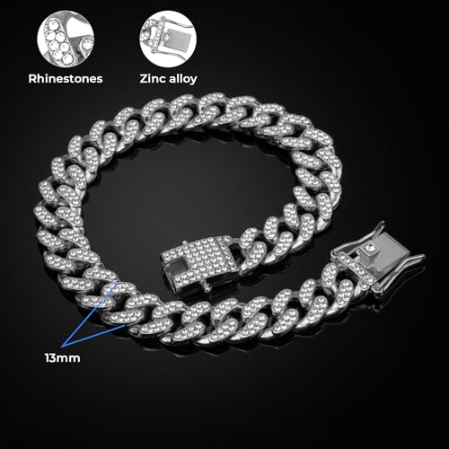 Image of Silver Dog Chain Diamond Collar Walking Metal Chain Collar with Secure Buckle, Pet Cuban Style Collar Jewelry Accessories for Small Medium Large Dogs, Available in Pet Gift (Silver, 12inch)