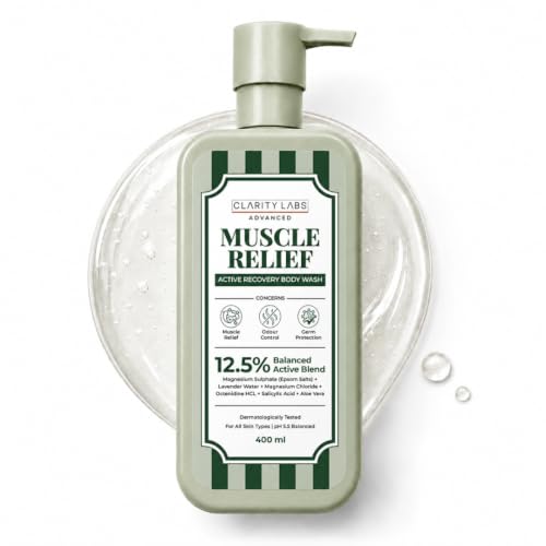 Image of Muscle Relief Epsom Body Wash with 12.5% Active Blend | Epsom Salt, Magnesium Chloride, Lavender & Aloe Vera | Post Workout, Sports Recovery, Body Ache & Sore Muscle Shower Gel for Men, Women, Boys, Girls & Teens | Sulphate Free | 400ml | Clarity Labs