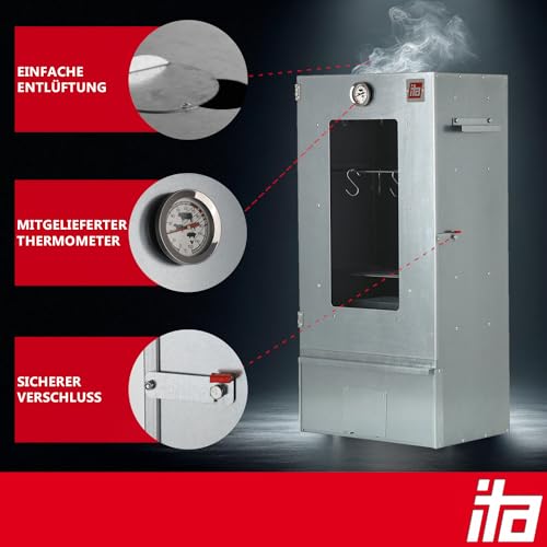 ITA Räucherofen 7000 - Premium Räucherschrank mit 3 Etagen - Legierter Stahl, mit Sichtfenster & Thermometer - EU Qualität Direkt vom Hersteller - Smoker zum Kalträuchern & Heißräuchern
