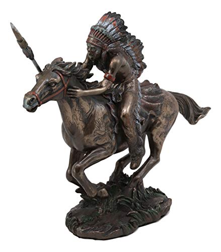 Ebros Tribal Native American Indian Chief Warrior with Trailer War Bonnet Eagle Headdress Charging On Horse with Spear Statue 11" Long Indians Figurines and Statues Cultural Heritage Home Decor