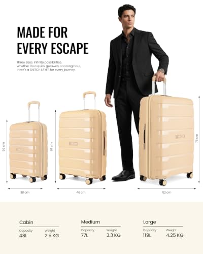 Image of SNITCH Layer 2Pc Set Beige Polypropylene Hard Travel Suitcase - Trolley Bag Set of 2 & Luggage with 8 Wheels, Premium Lock, Wet & Dry Pouch & Free Shoe Bag