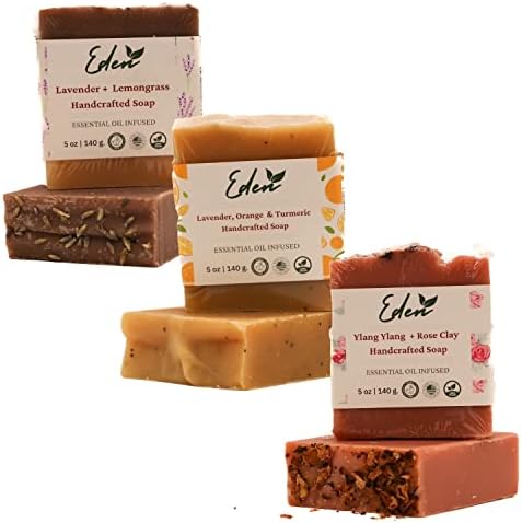 Eden Daily Essentials - Natural Handmade Soap Bar, 3 Pack. All Natural Essential Oils - Handcrafted in USA - Hand cut to Approx. 5oz each bar, 3 Pack (Floral)
