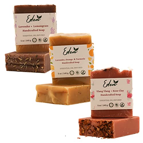 Eden Daily Essentials - Natural Handmade Soap Bar, 3 Pack. All Natural Essential Oils - Handcrafted In Usa - Hand Cut To Approx. 5Oz Each Bar, 3 Pack (Floral) #TOP3
