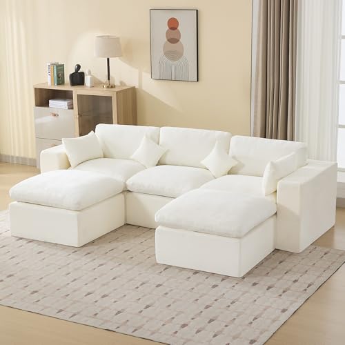 Image of 115'' Cloud Boneless Sectional Couch, Modular Sectional Sofa Deep Seat with 2 Ottomans, Oversized Upholstered Convertible Comfy 5 Seater Chenille Sofa U Shape Couches for Living Room, Beige