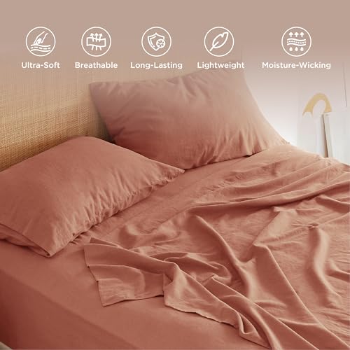 Bedsure Linen Sheets - Queen Size Bed, Blend from Linen Cotton Bedsheets, Breathable Cotton Bedsheets, Gifts for All Seasons, 4 Pieces, Terracotta