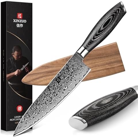 XINZUO Chef Knife with Sheath, 8 Inch Damascus Kitchen Knife, Professional Japanese Chef Knife for Professional Chef and Home Cooking, Pakkawood Handle, Chef Gift Box- Ya Series Cover