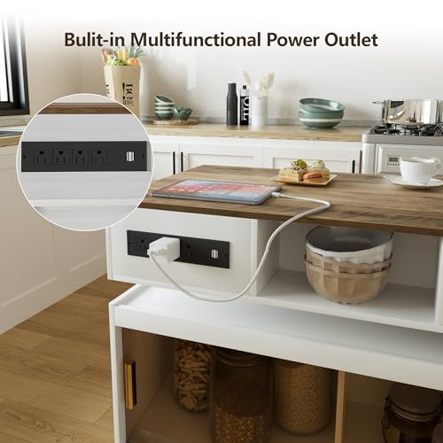 Image of Kitchen Islands with Extendable Dining Table Rolling Islands Power Outlet Mobile Storage Islands Cart on Wheels with Drawers and 2 Side Open Shelves for Dining Room, White