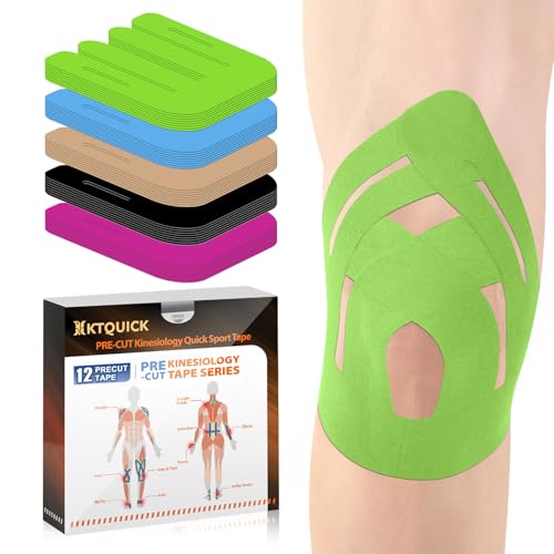KTQUICK Precut Kinesiology Tape for Knees, 12PCS Sports Tape for Knee, New Waterproof Athletic Support Tape, Discomfort Relief & Breathable Elastic Tape Strapping for Sports and Muscle Pain(Green)