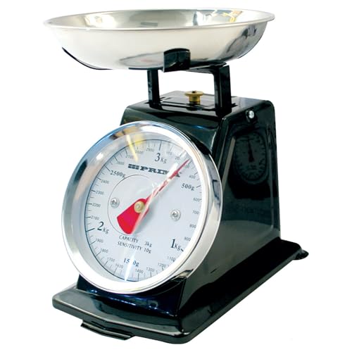 3kg Mechanical Kitchen Scale, Mini Analogue Food Scale, Kitchen Scale with Stainless Steel Bowl & Large Dial, Non-Slip and Classic Design, Easy Read Dial, No Batteries Needed (Black)