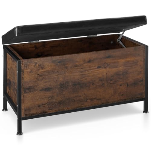 tectake® Coffre de Rangement 81,5 x 41,5 x 50,5 cm, avec Banquette matelassée en Similicuir, Banquette Coffre 88 L, Style Industriel, Meuble de Rangement...