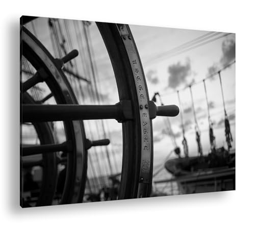Gouvernail d'un vieux voilier tableau bois impression monochrome affiche marine 90x60 cm