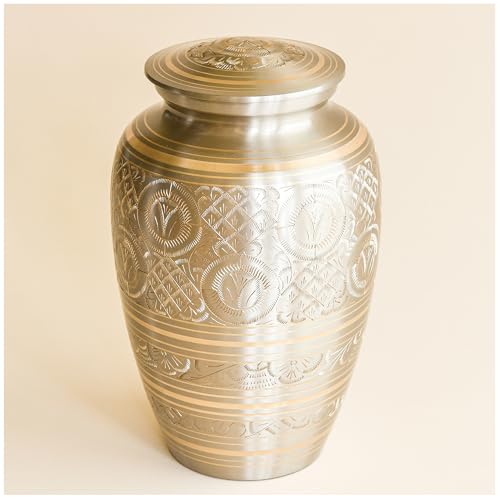 Image of AspenStudio Platinum Brass Cremation Urn for Adult Human Ashes - Large Handcrafted Funeral Memorial Urns Brass Urn Capacity 225 lbs