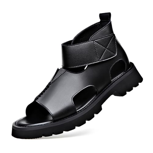 RYNKOMA Men's Genuine Leather Round Open Toe Platform High Top Sandals Fashion Hook and Loop Fish Mouth Hollow Roman Sandals Summer Outdoorcasual Non-Slip Beach Walking Sandal Shoes (Black,11)
