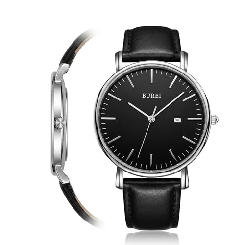 Image of BUREI Men's Fashion Minimalist Wrist Watch Analog Date with Leather Strap