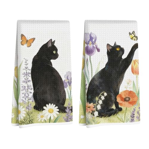 SRLDCR 2Pcs Black Cat Cute Kitchen Towels Summer Kitchen Towels Cat Lover Gifts Funny Dish Towel for Home Office Bathroom Living Room