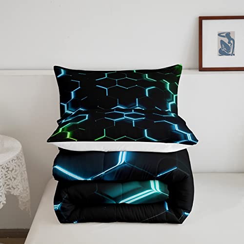 Teal Green And Black Print Comforter Set Hexagonal Bedding Set Kids Boys Teens Honeycomb Decor Comforter Beehive Geometric Quilt Set Bedroom Collection 3Pcs Full Size #TOP4